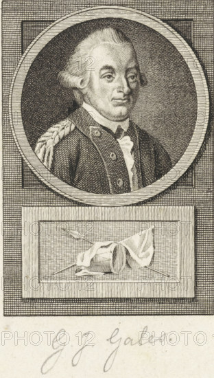 Portrait of Gale Isaac Gales, print, Portrait of the Dutch Lieutenant Colonel Gale Isaac Gales. Below the portrait a drum and a banner., inscription: 'GJGales, XVII, 124', printmaker: Reinier Vinkeles (I), Amsterdam, printmaker: Cornelis Bogerts, after drawing by Jacobus Buys, 1783 - 1795, paper, etching, engraving, height 163 mm x width 114 mm, Later state print used in: Fokke, Jan. Geschiedenissen der Vereenigde Nederlanden voor de vaderlandsche jeugd Ie-XXVste deel. Amsterdam: Johannes Allart, 1783-1795. Part XVII., Person, Gale Isaac Gales, drum (musical instrument), (military) flags and standards, A monochrome engraved portrait shows a man wearing a dark coat with decorative buttons and a light-colored cravat, depicted from the chest up inside a circular frame; his hair is styled back and powdered with side rolls, and he has a composed facial expression with visible eyes, nose, and mouth. Below the circular frame is a rectangular panel with an engraved still-life of a rolled-up dr...
