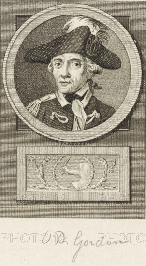 Portrait of Otto Derk Gordon, print, colonel of the Society 'Pro patria et libertate' in Utrecht., FMP 1915-b, printmaker: Reinier Vinkeles (I), Amsterdam, printmaker: Cornelis Bogerts, after drawing by Jacobus Buys, 1783 - 1795, paper, etching, engraving, height 165 mm x width 113 mm, Later state of print used in: Fokke, Jan. Geschiedenissen der Vereenigde Nederlanden voor de vaderlandsche jeugd Ie-XXVste deel. Amsterdam: Johannes Allart, 1783-1795. Vol XV., Person, Otto Derk Gordon, A monochrome engraved portrait shows a man framed within a circular border set against a textured rectangular background, wearing a broad-brimmed hat adorned with a plume and a decorative rosette, his hair styled in curled locks at the sides. He has an oval face with pronounced eyes, a straight nose, and a closed mouth, and he is dressed in a uniform showing a high collar, a cravat tied at the neck, and ornamental shoulder decorations. Below the circular portrait is a rectangular panel containing a wreath...