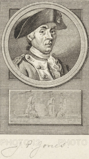 Portrait of John Paul Jones, print, Portrait of the American privateer John Paul Jones. Below the portrait three sailing ships., printmaker: Reinier Vinkeles (I), Amsterdam, printmaker: Cornelis Bogerts, after drawing by Jacobus Buys, 1783 - 1795, paper, etching, engraving, height 168 mm x width 113 mm, Later state print used in: Fokke, Jan. Geschiedenissen der Vereenigde Nederlanden voor de vaderlandsche jeugd Ie-XXVste deel. Amsterdam: Johannes Allart, 1783-1795. Vol. XIII., Person, John Paul Jones, sailing-ship, sailing-boat, A detailed engraved portrait of a man shown from the shoulders up inside a circular frame, wearing a dark bicorn hat and a military coat with visible buttons and epaulette, his face rendered with fine crosshatching and a neutral expression, set against a textured background; below the circle is a rectangular inset depicting three sailing ships on calm water, all elements surrounded by a grid-like patterned border.