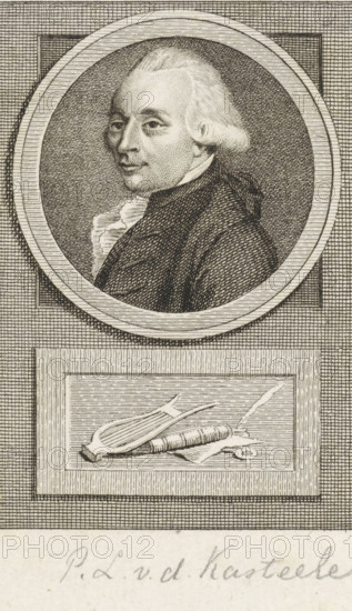 Portrait of Pieter Leonard van de Kasteele, print, representative, lawyer and poet. Below the portrait a lyre, a book, a sheet of paper and an inkwell with quill., printmaker: Reinier Vinkeles (I), Amsterdam, printmaker: Cornelis Bogerts, after drawing by Jacobus Buys, 1783 - 1795, paper, etching, engraving, height 165 mm x width 114 mm, Later state print used in: Fokke, Jan. Geschiedenissen der Vereenigde Nederlanden voor de vaderlandsche jeugd Ie-XXVste deel. Amsterdam: Johannes Allart, 1783-1795. Part XIX., Person, Pieter Leonard van de Kasteele, lyre, cithara, psaltery, book, quill, A detailed engraved portrait shows a light-haired man in profile within a circular frame, wearing a dark coat and a ruffled white collar, his hair styled back and tied at the nape, set against a finely crosshatched background; below the circular portrait is a rectangular vignette depicting a lyre-like instrument resting on a rolled scroll and a flat surface, all enclosed by a lined border, and the entir...