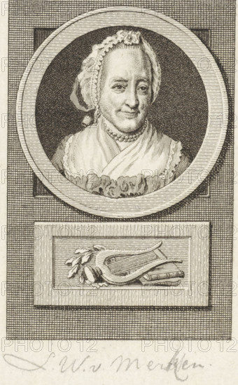 Portrait of Lucretia Wilhelmina van Merken, print, Portrait of the poet Lucretia Wilhelmina van Merken. Below the portrait a lyre, a laurel wreath and books., printmaker: Reinier Vinkeles (I), Amsterdam, printmaker: Cornelis Bogerts, after drawing by Jacobus Buys, 1783 - 1795, paper, etching, engraving, height 164 mm x width 112 mm, Later state print used in: Fokke, Jan. Geschiedenissen der Vereenigde Nederlanden voor de vaderlandsche jeugd Ie-XXVste deel. Amsterdam: Johannes Allart, 1783-1795. Part XXII., Person, Lucretia Wilhelmina van Merken, lyre, cithara, psaltery, book, honoring the artist with laurel wreath (variant), A detailed engraved portrait of an older woman shown from the shoulders up inside a circular medallion, wearing a lace-trimmed cap with a small floral decoration, a layered shawl or scarf around her neck, and a beaded necklace; her face shows fine engraved lines and a slight, neutral expression. The circular medallion is set against a textured rectangular backgroun...