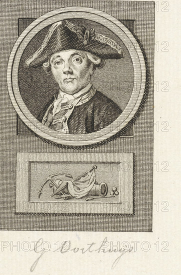 Portrait of Gerardus Oorthuys, print, Portrait of Captain Gerardus Oorthuys. Below the portrait an anchor, a banner and a cannon with cannonballs., printmaker: Reinier Vinkeles (I), Amsterdam, printmaker: Cornelis Bogerts, after drawing by Jacobus Buys, 1783 - 1795, paper, etching, engraving, width 167 mm x width 114 mm, Later state print used in: Fokke, Jan. Geschiedenissen der Vereenigde Nederlanden voor de vaderlandsche jeugd Ie-XXVste deel. Amsterdam: Johannes Allart, 1783-1795. Part XIV., Person, Gerardus Oorthuys, firearms: cannon, parts of ship's exterior: anchor, (military) flags and standards, A detailed engraved portrait of a man wearing a tricorne hat and a coat with a high collar is shown inside a circular frame; his face has a neutral expression and visible hair curls at the sides, and the hat has decorative ribbon-like trim. Below the circular frame is a rectangular panel containing an engraved still life with a cannon, cannonballs, a draped flag, and an anchor-like objec...