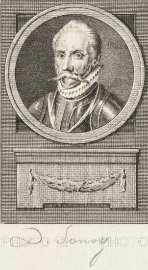 Portrait of Diederik van Sonoy, print, governor of the Northern Quarter, where he fought against the Spaniards., printmaker: Reinier Vinkeles (I), Amsterdam, printmaker: Cornelis Bogerts, after drawing by Jacobus Buys, 1783 - 1795, paper, etching, engraving, width 163 mm x width 113 mm, Later state of print used in: Fokke, Jan. Histories of the United Netherlands for the Fatherland's Youth Part I-XXV. Amsterdam: Johannes Allart, 1783-1795. Volume VI., Person, Diederik van Sonoy, An engraved portrait of a man shown from the shoulders up inside a circular frame, with a textured background and decorative rectangular border; he has a high forehead, short swept-back hair, a prominent mustache, a pointed beard, and a layered ruffled collar; he wears a dark garment with visible straps or bands and shaded vertical lines; below the circular frame is a rectangular plinth with molded edges and a carved garland draped across its front; the entire image is composed of fine parallel and cross-hatche...