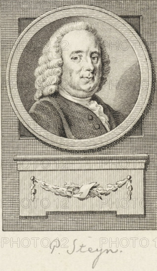 Portrait of Pieter Steijn, print, Grand Pensionary of Holland., FMP 5159-d, printmaker: Reinier Vinkeles (I), Amsterdam, printmaker: Cornelis Bogerts, after drawing by Jacobus Buys, 1783 - 1795, paper, etching, engraving, width 168 mm x width 112 mm, Later state of print used in: Fokke, Jan. Histories of the United Netherlands for the Fatherland's Youth Part I-XXV. Amsterdam: Johannes Allart, 1783-1795. Volume XIII., Person, Pieter Steijn, An engraved portrait shows a bust of a man with curled hair framed within a circular medallion set against a textured background, the man wearing period clothing with a high collar and buttoned coat, his face portrayed with subtle shading and stippling; below the medallion is a rectangular plinth decorated with a draped garland motif, all rendered in fine linework and crosshatching.