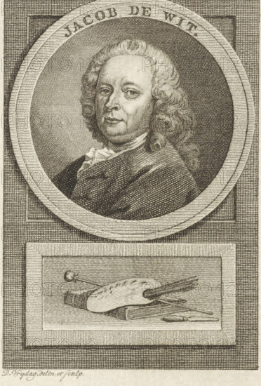 Portrait of Jacob de Wit, print, Portrait of the Amsterdam painter Jacob de Wit. Below the portrait, a painter's palette with brushes on a book., printmaker: Daniël Vrijdag, Amsterdam, printmaker: Reinier Vinkeles (I), after drawing by Daniël Vrijdag, 1783 - 1795, Daniël Vrijdag, Reinier Vinkeles (I), printmaker, after drawing by, paper, etching, engraving, etching and engraving, height 111 mm x width 83 mm, Print presumably used in: Fokke, Jan. Geschiedenissen der Vereenigde Nederlanden voor de vaderlandsche jeugd Ie-XXVste deel. Amsterdam: Johannes Allart, 1783-1795., Person, Jacob de Wit, palette, A monochrome engraved portrait shows a bust of a man with a full face, prominent cheeks, and curled shoulder-length hair, set inside a circular frame with a textured background; he wears a coat and a ruffled neckcloth, and his expression is neutral. Below the circular portrait is a rectangular panel depicting an artist's palette with brushes and a mahlstick resting on top of a closed book,...