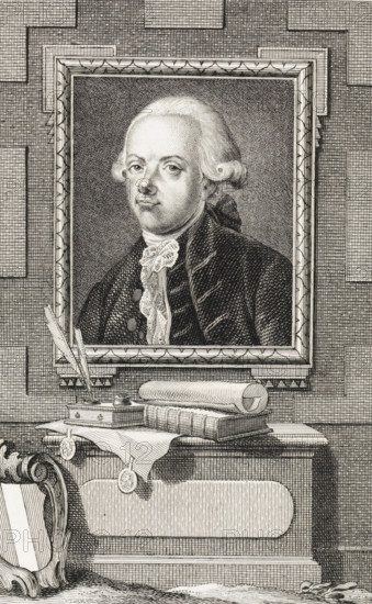 Portrait of Cornelis de Gijselaar, print, pensionary of Dordrecht., FMP 2080-b, printmaker: Reinier Vinkeles (I), Amsterdam, 1786 - 1809, paper, etching, engraving, height 235 mm x width 154 mm, Later state of print used as book illustration in: Wagenaar, Jan. Vaderlandsche historie, in continuation of Wagenaar's Vaderlandsche historie. Vol. 1-43. Amsterdam: Johannes Allart, 1786-1809., Person, Cornelis de Gijselaar, A framed engraved portrait of a man with powdered hair styled in curls at the sides and tied at the back, wearing a dark coat and a lace cravat, set against a textured background inside a decorative rectangular frame, above a ledge holding a quill in an inkwell, stacked books, a rolled scroll, and a draped cloth with hanging seals, with part of an ornate chair visible at the lower left.