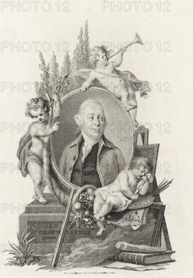 Portrait of Jan Gildemeester Jansz, print, Portrait of the Amsterdam art lover Jan Gildemeester Jansz in an oval medallion on a pedestal. At the top, a putto blowing a trumpet, on the left a putto with a caduceus, and on the right a grieving putto amidst painter's attributes such as a palette, brushes, and easel, with a horn of plenty beside him. An extinguished torch rests against the pedestal., printmaker: Reinier Vinkeles (I), Amsterdam, after design by Reinier Vinkeles (I), after painting by Adriaan de Lelie, 1800, Reinier Vinkeles (I), Adriaan de Lelie, printmaker, after painting by, paper, etching, engraving, etching and engraving, height 316 mm x width 237 mm, Person, Jan Gildemeester Jansz, A detailed engraved portrait shows a man with powdered hair and formal clothing set inside an ornate oval frame held by three cherubic figures; one cherub stands to the left holding a staff entwined with a serpent, another reclines on top of the frame blowing a long trumpet, and a third rest...