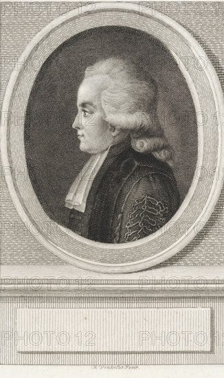 Portrait of Stephanus Johannes van Geuns, version B, print, professor of medicine, psychology, and botany in Utrecht., printmaker: Reinier Vinkeles (I), Amsterdam, 1786 - 1809, paper, etching, engraving, height 238 mm x width 160 mm, Later state print used as book illustration in: Wagenaar, Jan. Vaderlandsche historie, as a continuation of Wagenaar's Vaderlandsche historie. Vol. 1-43. Amsterdam: Johannes Allart, 1786-1809., Person, Adolph Heinrich Meltzer, A monochrome engraved portrait of a man shown in profile facing left, set inside an oval frame; he has pale, wavy hair styled back and gathered into a curled queue, a smooth forehead, and a straight nose, with a calm expression and a slightly pointed chin. He wears a dark coat with decorative braided trim on the shoulder and a light, pleated neckcloth. The oval is bordered by concentric textured rings and sits against a background of horizontal and crosshatched lines. Below the oval is a rectangular panel with fine vertical hatch lin...