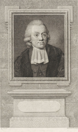 Portrait of Matthias van Geuns, print, professor of medicine in Utrecht., printmaker: Reinier Vinkeles (I), Amsterdam, after painting by Monogrammist H (inventor), 1786 - 1809, paper, etching, engraving, height 240 mm x width 159 mm, Later state print used as book illustration in: Wagenaar, Jan. Vaderlandsche historie, as a continuation of Wagenaar's Vaderlandsche historie. Vol. 1-43. Amsterdam: Johannes Allart, 1786-1809., Person, Matthias van Geuns, A framed engraved portrait of an older man with powdered hair and side curls is centered above a carved plinth; he wears a dark robe and a light-colored clerical band at his neck, and his face shows detailed shading and fine etched lines with a neutral expression and slightly raised eyebrows; the rectangular frame around the portrait is ornate with layered moldings and crosshatched shading, set against a textured background of repeated horizontal and vertical hatch marks, and beneath the frame a broad ledge and pedestal with fluted and pa...