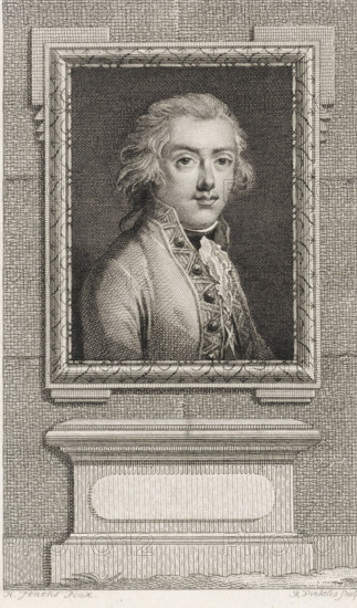 Portrait of Willem George Frederik, Prince of Orange-Nassau, print, printmaker: Reinier Vinkeles (I), Amsterdam, after painting by H. Jones, 1786 - 1809, paper, etching, proof print, height 240 mm x width 161 mm, Later state print used as book illustration in: Wagenaar, Jan. Vaderlandsche historie, in continuation of Wagenaar's Vaderlandsche historie. Vol. 1-43. Amsterdam: Johannes Allart, 1786-1809., Person, Willem George Frederik (Prince of Orange-Nassau), An engraved portrait of a young man in a decorative rectangular frame mounted on a plinth, showing the man from the chest up with wavy hair, neutral expression, and detailed period clothing including a high collar and ornate waistcoat; the frame has carved edges and a patterned inner border, the background inside the frame is densely crosshatched, and the surrounding wall and plinth are rendered with fine line textures and architectural moldings.