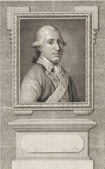 Portrait of Charles William Ferdinand, Duke of Brunswick-Wolfenbüttel, print, Prussian Field Marshal., printmaker: Reinier Vinkeles (I), Amsterdam, after design by Jan Balzer, 1786 - 1809, paper, etching, proof print, height 234 mm x width 155 mm, Later state print used as book illustration in: Wagenaar, Jan. Vaderlandsche historie, as a continuation of Wagenaar's Vaderlandsche historie. Vol. 1-43. Amsterdam: Johannes Allart, 1786-1809., Person, Charles William Ferdinand Duke of Brunswick-Wolfenbüttel, A framed engraved portrait of a man is centered above a stylized pedestal, the portrait showing the man from the chest up, turned slightly to one side with a composed expression, hair styled and tied at the back with curled side locks, wearing a high collared shirt with a ruffled cravat and a coat fastened with decorative buttons and a sash across the chest; the engraved background inside the frame is finely crosshatched while the outer border and surrounding wall are filled with alterna...