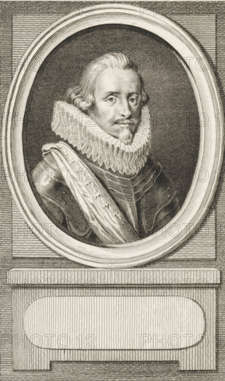 Portrait of Ernst Casimir, Count of Nassau-Dietz, print, printmaker: Reinier Vinkeles (I), Amsterdam, after drawing by Jacobus Buys, publisher: Johannes Allart, 1785 - 1796, paper, etching, proof, height 236 mm x width 150 mm, Later state print used as book illustration in: Kok, Jacobus. Vaderlandsch woordenboek : met kaarten, 1785-1796. Volume XIV., Person, Ernst Casimir Count of Nassau-Dietz, A monochrome engraved portrait shows a man depicted from the chest up within an oval frame set into a rectangular panel. He wears a broad, pleated ruff collar and a draped sash over a dark, textured garment with visible seams and buttons. His hair is wavy and shoulder-length, and he has a mustache and a small pointed beard on his chin. The oval frame features concentric molded rings and sits above a rectangular plinth with a recessed, rounded-rectangular panel, all rendered with fine crosshatching and parallel line shading.