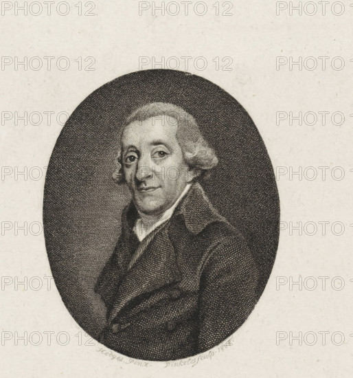 Portrait of the Amsterdam physician Johan Rudolph Deiman, print, printmaker: Reinier Vinkeles (I), Amsterdam, after painting by Charles Howard Hodges, 1808, paper, etching, proof, height 255 mm x width 170 mm, Later state used as title page for: Bosch, Jeronimo de. Eulogy on JR Deiman. 1808., Person, Johan Rudolph Deiman, An engraved portrait of a man shown from the chest upward within a dark oval field set against a light textured background, depicting a middle-aged individual with wavy hair styled back from the forehead and curls near the ears, a high-collared shirt visible at the neck, a jacket with lapels and folded arms, finely crosshatched shading defining facial features and clothing, and a faint decorative mark near the bottom edge of the oval.