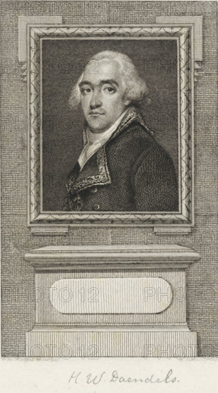 Portrait of Hendrik Willem Daendels, print, Portrait of the Dutch General Hendrik Willem Daendels., Van Someren 1340, printmaker: Reinier Vinkeles (I), Amsterdam, after drawing by Charles Howard Hodges, 1786 - 1809, paper, etching, proof print, height 239 mm x width 158 mm, Later state print used as book illustration in: Wagenaar, Jan. Vaderlandsche historie, as a continuation of Wagenaar's Vaderlandsche historie. Vol. 1-43. Amsterdam: Johannes Allart, 1786-1809., Person, Herman Willem Daendels, A framed engraved portrait of a man shown from the chest up, with light-colored hair styled away from his face and a composed expression, wearing a dark coat with decorative trim and a high-collared shirt; the portrait sits within an ornate rectangular frame set against a textured background, and below the frame is a carved pedestal with a recessed oval panel.