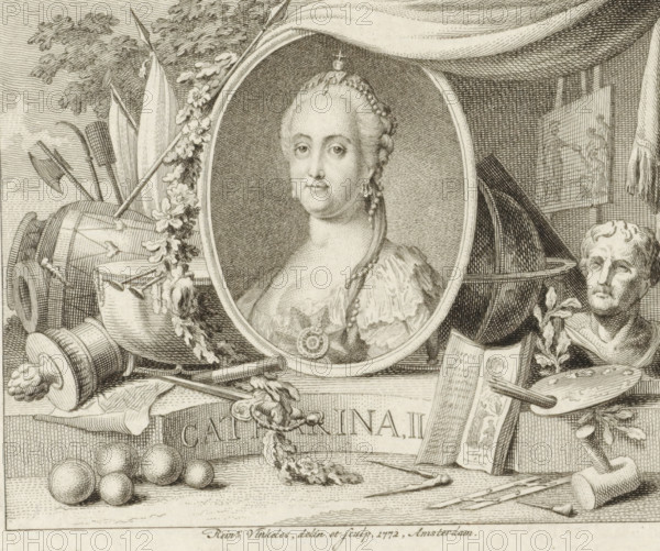 Portrait of Catherine the Great, surrounded by attributes, print, with on the right attributes belonging to the arts such as painter's palette and easel, sculpted head, compass and burin, and on the left attributes belonging to war such as cannonballs, sword, command staff, banners and drums., printmaker: Reinier Vinkeles (I), Amsterdam, after design by Reinier Vinkeles (I), 1772, Reinier Vinkeles (I), printmaker, paper, etching, engraving, etching and engraving, height 87 mm x width 105 mm, Person, Catherine the Great, piece of sculpture, reproduction of a piece of sculpture, tools, implements of graphic artist, helved weapons, polearms (for striking, hacking, thrusting), drum (musical instrument), (military) equipment and supply, palette, easel, An oval framed portrait of a woman with hair styled up and adorned with a small crown and beaded ornament, wearing a gown with ruffled sleeves and a medallion at her chest, surrounded by a garland of flowers; to the left of the portrait are d...