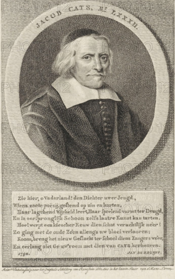 Portrait of Jacob Cats, print, Portrait of the statesman and poet Jacob Cats at the age of 82., printmaker: Reinier Vinkeles (I), Amsterdam, after painting by Jan Antonisz van Ravesteyn, writer (clerical worker): Jan de Kruyff (1706-1775), 1751 - 1816, writer (clerical worker), paper, etching, engraving, etching and engraving, height 150 mm x width 100 mm, Person, Jacob Cats (1577-1660), historical persons, A black and white engraved portrait of an older man shown from the chest up inside an oval frame, wearing a dark robe with a wide white collar and a buttoned front, with mid-length light hair and a contemplative facial expression; the oval portrait is set against a lined rectangular background and there is a block of text below the oval.