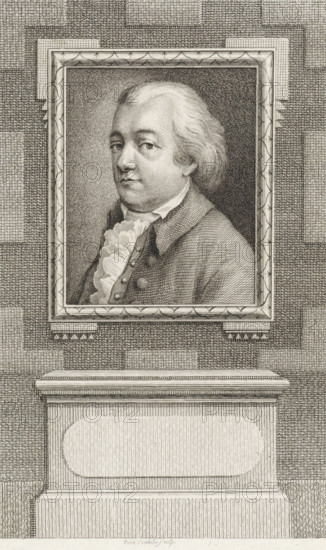 Portrait of Daniël Jacobus Canter Camerling, print, Mayor of Haarlem and Director of the Dutch Society of Sciences., FMP 898-a, printmaker: Reinier Vinkeles (I), Amsterdam, 1786 - 1809, paper, etching, proof print, height 232 mm x width 155 mm, Later state print used as book illustration in: Wagenaar, Jan. Vaderlandsche historie, as a continuation of Wagenaar's Vaderlandsche historie. Vol. 1-43. Amsterdam: Johannes Allart, 1786-1809., Person, Daniël Jacobus Canter Camerling, An engraved portrait of a man in a rectangular frame hangs above a sculpted pedestal; the man is shown from the chest up, turned slightly to one side, with light-colored hair combed back, a high-collared shirt with a ruffled front, and a coat with visible buttons; the framed portrait has decorative inner borders and is set against a textured brick-like background, while the pedestal beneath shows carved molding and a recessed oval panel, all rendered in fine parallel and cross-hatched lines.