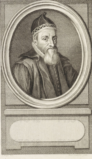 Portrait of Jacob Dirksz. Brouwer, print, supporter of Orange in Hoorn in 1572., printmaker: Reinier Vinkeles (I), Amsterdam, after drawing by Jacobus Buys, 1787, paper, etching, engraving, height 228 mm x width 152 mm, Later state print used as book illustration in: Kok, Jacobus. Vaderlandsch woordenboek : met kaarten, platenen en porttraitten. Amsterdam: Johannes Allart, 1785-1796. Volume VIII., Person, Jacob Dirksz. Brouwer, An engraved portrait of an older man shown from the chest up inside an oval frame set within a rectangular architectural surround, the man wearing a patterned cap and a ruffled collar with a long beard and mustache, his expression neutral and his gaze slightly to one side, his clothing rendered with textured shading and decorative buttons down the front, the oval frame displaying concentric carved rings and the surrounding paneling filled with fine horizontal hatch marks, below the oval a rectangular pedestal with an inset rounded rectangle panel, all executed i...