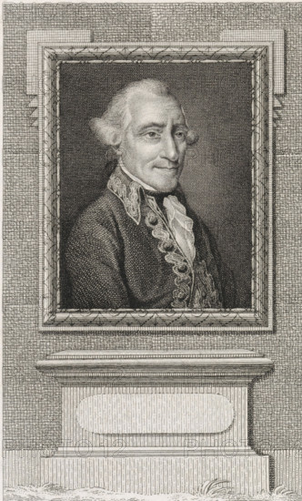 Portrait of Carel Baron van Boetzelaer, print, Lieutenant General., Van Someren 573, printmaker: Reinier Vinkeles (I), Amsterdam, 1786 - 1809, paper, etching, engraving, height 240 mm x width 161 mm, Later state of print used in: Wagenaar, Jan. Vaderlandsche historie, as a continuation of Wagenaar's Vaderlandsche historie. Vol. 1-43. Amsterdam: Johannes Allart, 1786-1809., Person, Carel Baron van Boetzelaer, A framed engraved portrait of an older man shown from the chest up wearing a dark coat with ornate embroidery and a high collar, a ruffled cravat, and hair styled back and powdered; the frame rests on a plinth with layered moldings and a recessed panel, all rendered in fine line engraving with crosshatching and stippling creating shading and texture.