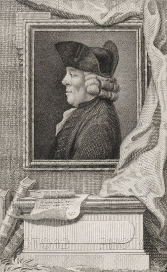 Portrait of Nicolaas Bondt, print, jurist in Amsterdam., printmaker: Reinier Vinkeles (I), Amsterdam, 1786 - 1809, paper, etching, engraving, height 241 mm x width 160 mm, Later state print used as book illustration in: Wagenaar, Jan. Vaderlandsche historie, as a continuation of Wagenaar's Vaderlandsche historie. Vol. 1-43. Amsterdam: Johannes Allart, 1786-1809., Person, Nicolaas Bondt, A framed engraved portrait of a man in profile wearing a tricorner hat and a curled wig, visible from the shoulders up and dressed in a coat with a high collar, set against a shaded background; the frame rests on a surface draped with a textured cloth, with stacked books and a rolled sheet lying beside and partially over a rectangular pedestal that has carved paneling, while a patterned wall behind and drapery to the right surround the scene.