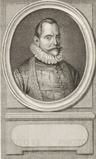 Portrait of Willem van Bloys van Treslong, print, Admiral of Zeeland., printmaker: Reinier Vinkeles (I), Amsterdam, after drawing by Jacobus Buys, 1792, paper, etching, engraving, height 235 mm x width 158 mm, Later state print used as book illustration in: Kok, Jacobus. Vaderlandsch woordenboek : met kaarten, platenen en porttraitten. Amsterdam: Johannes Allart, 1785-1796. Volume XXVIII., Person, Jonkheer Willem Bloys van Treslong, An engraved portrait of a man shown from the chest up within an oval frame set into a rectangular architectural panel; he has a high forehead, neatly combed hair, a curled mustache and pointed beard, and a composed facial expression; he wears a large pleated ruff collar, a richly patterned doublet with decorative buttons down the front, and a textured sash draped over his shoulder; the oval frame has multiple concentric rings and sits above a rectangular plinth with carved panels and linear shading.
