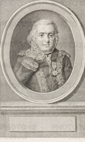 Portrait of Johan Arnold Bloys van Treslong, print, Rear Admiral of Amsterdam., printmaker: Reinier Vinkeles (I), Amsterdam, after drawing by Louis Moritz, 1772 - 1816, paper, etching, engraving, height 253 mm x width 168 mm, Person, Johan Arnold Bloys van Treslong, A framed oval portrait shows a bust-length figure wearing a richly decorated uniform with ornate embroidery and braided epaulettes, a high collar, and a star-shaped medal suspended from a ribbon on the chest; the face has short hair and a neutral expression, with detailed shading and fine line work defining facial features and clothing. The oval frame is set against a textured background of crosshatched lines, and beneath the portrait is a rectangular panel bordered by lined patterns. The entire image is executed in monochrome with intricate engraving-style lines.