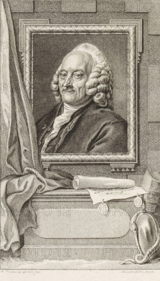 Portrait of Pieter van Bleiswijk, print, Grand Pensionary of Holland., printmaker: Reinier Vinkeles (I), Amsterdam, after drawing by Hendrik Pothoven, 1789, paper, etching, engraving, height 255 mm x width 155 mm, Later state of print used in: Wagenaar, Jan. Vaderlandsche historie, vervattende de geschiedenissen der Vereenigde Nederlanden ... Twee-en-twintigste - vier-en-twintigste deel ... ten onmiddelyken vervolge van Wagenaars Vaderlandsche historie. Amsterdam: Johannes Allart, 1788-1789., Person, Pieter van Bleiswijk, An engraved portrait of an older man with curled hair and a high forehead set inside an ornate rectangular frame, the man shown from the shoulders up wearing a dark coat and a light cravat, his face turned slightly and showing a composed expression; the framed portrait is mounted against a textured background of crosshatched lines and geometric paneling, with a draped cloth falling to the left and partially covering a ledge beneath the frame; on the ledge lie a rolled...
