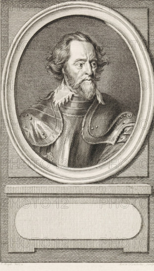 Portrait of Count Hendrik van den Bergh, print, Stadtholder of Spanish Upper Gelderland., inscription: 'Hendrick Graaf van den Bergh 6 dp 2.', printmaker: Reinier Vinkeles (I), Amsterdam, after drawing by Jacobus Buys, 1787, paper, etching, engraving, height 236 mm x width 152 mm, Later state print used as book illustration in: Kok, Jacobus. Vaderlandsch woordenboek : met kaarten, platenen en porttraitten. Amsterdam: Johannes Allart, 1785-1796. Volume VI., Person, Hendrik graaf van den Bergh, An engraved oval portrait set within a rectangular frame shows a three-quarter view of a bearded man wearing armor and a ruffled collar, his wavy hair falling to his shoulders and his gaze directed slightly to the side; the armor features rounded pauldrons with rivet details and textured shading, and the oval is surrounded by concentric carved rings and fine parallel line hatching, all mounted above a pedestal with vertical and horizontal lined patterns and a recessed oval panel.
