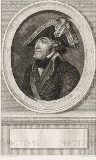 Portrait of Pierre de Riël de Beurnonville, print, Minister of War in France., printmaker: Reinier Vinkeles (I), Amsterdam, after drawing by Hilaire Le Dru, 1793 - 1816, paper, etching, engraving, height 248 mm x width 165 mm, Person, Pierre de Riel de Beurnonville, A monochrome engraved portrait of a man shown in an oval frame, depicted from the chest up and turned slightly to his left, wearing a decorated bicorn hat with plumes and an ornate band, a high-collared coat with visible lapels, and a cravat at his neck; his hair is curled at the sides, his expression is neutral, and fine line shading creates textured shadows on his face, clothing, and the dark background within the oval, while outside the oval there are patterned horizontal lines and a rectangular panel beneath the portrait.