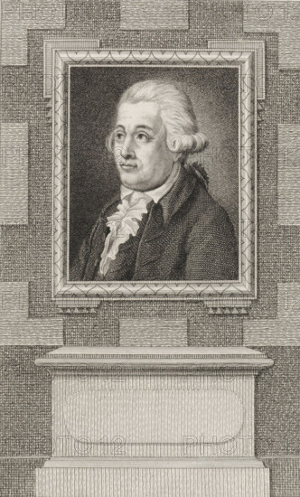 Portrait of Coert Lambertus van Beyma, print, statesman and advocate-fiscal in Harlingen., Van Someren 429, printmaker: Reinier Vinkeles (I), Amsterdam, 1794, paper, etching, engraving, height 230 mm x width 155 mm, Later state print used as book illustration in: Wagenaar, Jan. Vaderlandsche historie, in continuation of Wagenaar's Vaderlandsche historie. Vol. 1-43. Amsterdam: Johannes Allart, 1786-1809. Thirteenth part, 1794., Person, Coert Lambertus van Beyma, A framed engraved portrait of a man with powdered hair styled back and curled at the sides, wearing a dark coat and a ruffled cravat, set against a finely crosshatched background; the frame around the portrait has decorative geometric edging and rests on a textured architectural plinth with rectangular panels and layered molding, all rendered in intricate line work.