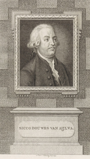 Portrait of Sicco Douwes van Aylva, print, grietman of Oost-Dongeradeel., caption, printmaker: Reinier Vinkeles (I), Amsterdam, 1794, paper, etching, engraving, etching and engraving, height 232 mm x width 155 mm, Print also used as a book illustration in: Wagenaar, Jan. Vaderlandsche historie, as a continuation of Wagenaar's Vaderlandsche historie. Vol. 1-43. Amsterdam: Johannes Allart, 1786-1809. Thirteenth part, 1794., Person, Sicco Douwe van Aylva, A framed engraved portrait of a man in period clothing is shown above a plinth; the man has light-colored hair styled back and curled at the sides, a high forehead, and a composed facial expression, and he wears a dark coat with visible buttons and a light cravat at the neck; the frame around the portrait is decorative with patterned molding and rests against a textured background composed of horizontal and vertical linework, while the plinth beneath the frame has a recessed oval panel and layered base elements, all rendered in fine engr...