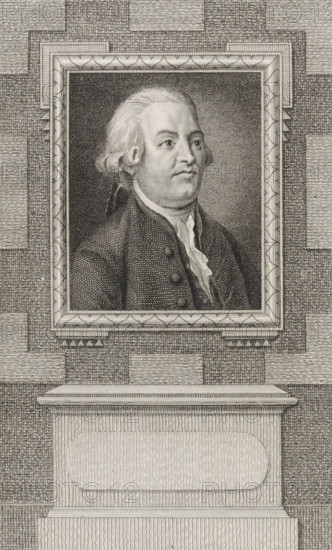 Portrait of Sicco Douwes van Aylva, print, grietman of Oost-Dongeradeel., Van Someren 201, printmaker: Reinier Vinkeles (I), Amsterdam, 1794, paper, etching, engraving, height 230 mm x width 155 mm, Later state print used as book illustration in: Wagenaar, Jan. Vaderlandsche historie, in continuation of Wagenaar's Vaderlandsche historie. Vol. 1-43. Amsterdam: Johannes Allart, 1786-1809. Thirteenth part, 1794., Person, Sicco Douwe van Aylva, A framed engraved portrait of a man with powdered hair tied at the back, wearing a dark coat with buttons and a white cravat, set against a dark stippled background and surrounded by an ornate rectangular frame, all mounted on a textured wall above a simple plinth.