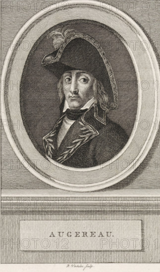 Portrait of Pierre François Charles Augereau, print, Portrait of the French Marshal Pierre François Charles Augereau., printmaker: Reinier Vinkeles (I), Amsterdam, 1751 - 1816, paper, etching, engraving, etching and engraving, height 244 mm x width 169 mm, A framed oval engraving of a person shown from the chest up wearing a dark tricorne hat with decorative edging and a plume, a high-collared coat with embroidered or leaf-like trim along the lapels, a high white neckcloth, and shoulder-length hair; the face is rendered with detailed line work showing a neutral expression and slightly turned gaze; the oval portrait sits within a rectangular engraved background with horizontal and vertical line textures and a rectangular plaque below the portrait containing raised lettering.
