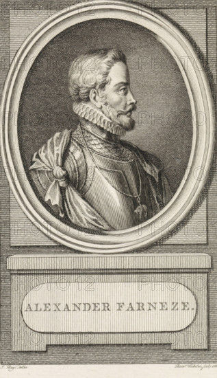 Portrait of Alessandro Farnese, Duke of Parma, print, book illustration, Portrait of Governor Alessandro Farnese, Duke of Parma., printmaker: Reinier Vinkeles (I), Amsterdam, after drawing by Jacobus Buys, publisher: Johannes Allart, 1786, paper, etching, engraving, etching and engraving, height 236 mm x width 151 mm, Print used as book illustration in: Kok, Jacobus. Vaderlandsch woordenboek : met kaarten, 1785-1796. Volume XV., Person, Alessandro Farnese (Governor of the Netherlands and Duke of Parma and Piacenza), A monochrome engraved portrait of a man in profile facing right set within an oval frame, showing his head and upper torso. He has short wavy hair, a trimmed beard and mustache, and a ruffled collar around his neck. He wears a decorative garment with layered textures, a cloak draped over one shoulder fastened with a knot, and a pendant hanging from a chain. The oval sits on a rectangular base with vertical lined shading and a recessed oval panel, all rendered with fine cros...