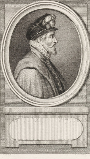 Portrait of Alessandro Farnese, Duke of Parma, print, Portrait of Fadrique Alvarez de Toledo, Spanish Commander in the Netherlands., printmaker: Reinier Vinkeles (I), Amsterdam, after drawing by Jacobus Buys, 1786, paper, etching, engraving, height 236 mm x width 151 mm, Later state print used as book illustration in: Kok, Jacobus. Vaderlandsch woordenboek : met kaarten, platenen en porttraitten. Amsterdam: Johannes Allart, 1785-1796. Volume XVI., Person, Fadrique Alvarez de Toledo, A monochrome engraved portrait shows a bearded man in profile facing right, set within an oval frame; he wears a cap with decorative plumes and a band, a high ruffled collar, and a cloak over a buttoned doublet. The oval sits on a rectangular pedestal with recessed panels and linear texture, and the background inside the oval and around the pedestal is filled with fine crosshatching. The image is composed of intricate engraved lines creating shading and texture throughout the clothing, frame, and background...