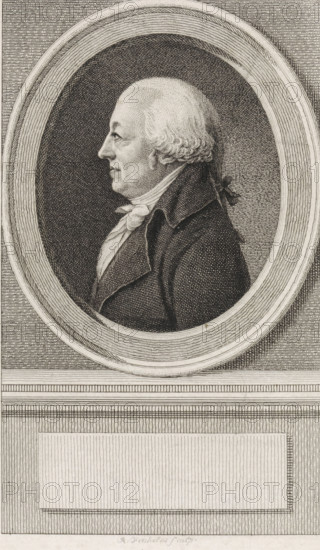 Portrait of Hendrik Aeneae, print, Portrait of the mathematician Hendrik Aeneae., FMP 37-c, printmaker: Reinier Vinkeles (I), Amsterdam, 1749 - 1759, paper, etching, engraving, height 250 mm x width 168 mm, Later state print also used in: Jan Wagenaar, Vaderlandsche historie, containing the histories of the now United Netherlands, in particular that of Holland, 21 parts. Amsterdam, Isaak Tirion, 1749-59., Person, Hendrik Aeneae, A monochrome engraved portrait of an older man shown in profile facing left, depicted inside an oval frame with textured concentric lines; the man has a high forehead and powdered hair pulled back and tied, with short curls above the ear, and he wears a dark coat with a high collar over a light-colored cravat folded at the throat; the background within the oval is densely stippled while the surrounding area outside the frame shows horizontal and vertical engraved line patterns and a rectangular panel beneath the portrait.