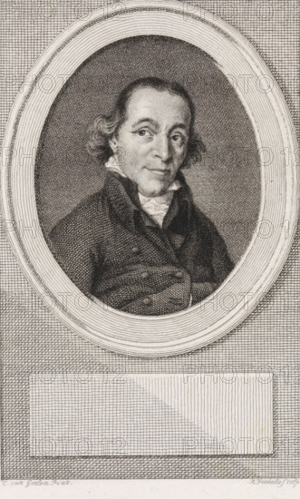 Portrait of Cornelis van der Aa, print, Portrait of the historian Cornelis van der Aa., printmaker: Reinier Vinkeles (I), Amsterdam, after painting by Christiaan van Geelen, 1807, paper, etching, engraving, height 245 mm x width 167 mm, Later state print used as book illustration in: Aa, Cornelis van der. History of the recently ended until the conclusion of the peace at Amiens. Ninth part. Amsterdam: Johannes Allart, 1807., Person, Cornelis van der Aa, A black and white engraved portrait of a middle-aged man shown from the chest up inside an oval frame, with a textured crosshatched background surrounding the oval; the man has wavy hair brushing his ears, a high-collared shirt with a cravat, and a dark double-breasted coat with visible buttons, and his expression is calm with slightly raised eyebrows and a slight smile.