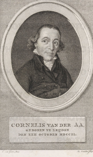 Portrait of Cornelis van der Aa, print, book illustration, Portrait of the historian Cornelis van der Aa., printmaker: Reinier Vinkeles (I), Amsterdam, after painting by Christiaan van Geelen, publisher: Johannes Allart, 1807, paper, etching, engraving, etching and engraving, height 245 mm x width 161 mm, Print used as book illustration in: Aa, 1807., Person, Cornelis van der Aa, A black and white engraved portrait of a man shown from the chest up inside an oval frame, with a textured crosshatched background outside the oval and dense shading within it; the man has short wavy hair, a high collar, layered clothing with a cravat or scarf at his neck, and a composed facial expression with eyes looking slightly to the viewer's left; below the oval is a rectangular panel containing blocks of text that are not described, and the image shows detailed linework and tonal variations throughout.