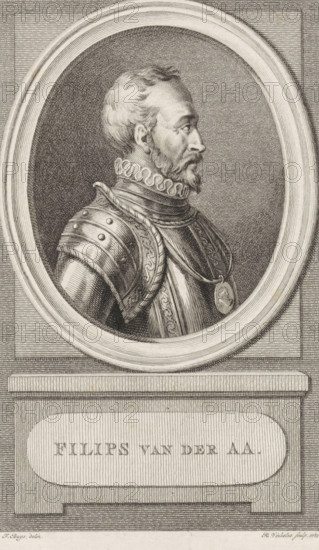 Portrait of Filips van der Aa, print, book illustration, commander in Gorinchem and one of the draftsmen of the Union of Nobles., printmaker: Reinier Vinkeles (I), Amsterdam, after drawing by Jacobus Buys, publisher: Johannes Allart, 1785, paper, etching, engraving, etching and engraving, height 234 mm x width 149 mm, Print used as book illustration in: Kok, Jacobus. Vaderlandsch woordenboek : met kaarten, 1785-1796. Volume I., Person, Filips van der Aa, A detailed black and white engraved portrait shows a man in profile facing right, set within an oval frame. He has short wavy hair and a neatly trimmed beard and mustache. He wears a high ruffled collar and ornate armor with decorative rivets and engraved patterns on the shoulder plate. A medallion hangs from a cord around his neck, resting against his chest plate. The oval frame is mounted on a rectangular plinth with a recessed oval panel. Fine parallel line shading fills the background and the armor, and crosshatching provides textu...
