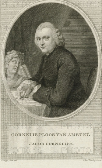 Portrait of Cornelis Ploos van Amstel, print, Portrait of the printmaker and draftsman Cornelis Ploos van Amstel, seated at a table with a sculpted bust on it. His hand points to a drawing., printmaker: Reinier Vinkeles (I), Amsterdam, after painting by Jacobus Buys, 1799, paper, etching, engraving, etching and engraving, height 244 mm x width 157 mm, Person, Cornelis Ploos van Amstel, piece of sculpture, reproduction of a piece of sculpture, historical persons, art collector, portrait, self-portrait of graphic artist, book, drawing, sketch, An oval-framed engraved portrait shows a seated man with lightly curled hair wearing a dark coat and leaning his folded hands on a draped table, a sculpted bust positioned beside him and a book partially visible behind the bust, all rendered with fine crosshatching and surrounded by a rectangular border.
