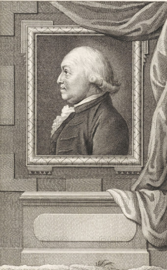 Portrait of Adolph Werner van Pallandt tot Zuthem, print, Commissioner-General of Overijssel., Van Someren 4118, printmaker: Reinier Vinkeles (I), Amsterdam, 1786 - 1809, paper, etching, engraving, height 239 mm x width 161 mm, Later state print used as book illustration in: Wagenaar, Jan. Vaderlandsche historie, in continuation of Wagenaar's Vaderlandsche historie. Vol. 1-43. Amsterdam: Johannes Allart, 1786-1809., Person, Adolph Werner van Pallandt tot Zuthem, A detailed engraved portrait shows an older man in profile facing left, framed within a decorative rectangular picture frame; he has a receding hairline with short, curled hair at the nape, a pronounced nose, and a layered garment with a high collar and ruffled cravat. The frame sits against a textured wall with rectilinear stone blocks and a draped cloth hanging from the upper right corner that folds and cascades down the side. Below the framed portrait a ledge or plinth with molded edges and a recessed oval panel is visible, ...