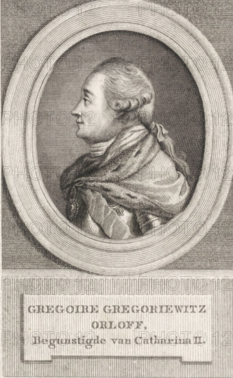 Portrait of the Russian Count Grigory Grigoryevich Orlov, print, printmaker: Reinier Vinkeles (I), Amsterdam, 1751 - 1816, paper, etching, proof print, height 237 mm x width 156 mm, Person, Grigory Grigoryevich Orlov, A monochrome engraved portrait shows a man in profile facing left within an oval frame, his hair styled back and tied with a ribbon, with curled side locks and a smooth forehead; he wears a high collar and a draped cloak with textured fur-like detailing across his shoulder, and a decorative medallion or clasp is partially visible on the cloak; the oval is set against a finely hatched background and surrounded by concentric ridged borders, with a rectangular plinth beneath the oval containing a bordered panel.