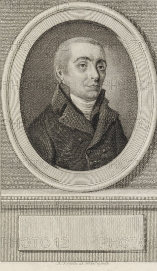 Portrait of Willem Anthonie Ockerse, print, man of letters and minister., printmaker: Reinier Vinkeles (I), Amsterdam, 1786 - 1809, paper, etching, engraving, height 246 mm x width 167 mm, Later state print used as book illustration in: Wagenaar, Jan. Vaderlandsche historie, in continuation of Wagenaar's Vaderlandsche historie. Vol. 1-43. Amsterdam: Johannes Allart, 1786-1809., Person, Willem Anthonie Ockerse, A detailed engraving of a man shown from the chest up inside an oval frame, with a textured background visible within the oval and lined decorative panels outside it. The man has short hair, a high collar, and a double-breasted coat with prominent lapels, rendered with fine crosshatching and stippling that define facial features, clothing folds, and shading. The oval frame has concentric carved rings, and below the portrait there is a rectangular recessed panel bordered by patterned lines. The overall image is monochrome, created with intricate line work and tonal variations.
