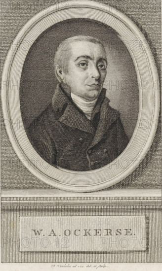 Portrait of Willem Anthonie Ockerse, print, man of letters and minister., FMP 3938-a, printmaker: Reinier Vinkeles (I), Amsterdam, 1786 - 1809, paper, etching, engraving, etching and engraving, height 228 mm x width 160 mm, Print also used as a book illustration in: Wagenaar, Jan. Vaderlandsche historie, as a continuation of Wagenaar's Vaderlandsche historie. Vol. 1-43. Amsterdam: Johannes Allart, 1786-1809., Person, Willem Anthonie Ockerse, An etched portrait of a man shown from the chest upward inside an oval frame, wearing a high-collared coat and a wrapped neckcloth, with short hair and a neutral facial expression, all rendered in fine stippled and crosshatched lines against a textured background, and a rectangular panel beneath the oval containing a centered rectangular plaque.
