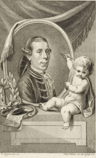 Portrait of Joannes Nomsz, print, writer, poet and playwright. Next to the portrait and putto with an etching needle and on the left a laurel wreath, lyre, sheets of paper with writing on them and the symbol of eternity, the Ouroboros., FMP 3900-f, printmaker: Reinier Vinkeles (I), Amsterdam, after painting by Daniël Bruyninx, 1772, paper, etching, engraving, height 143 mm x width 90 mm, Person, Joannes Nomsz, tools, implements of graphic artist, cupids: 'amores', 'amoretti', 'putti', cithara, psaltery, serpent Ouroboros, honouring the artist with laurel wreath, A finely detailed black and white engraved portrait shows a man in an oval frame wearing a dark coat with decorative buttons and a ruffled cravat, his hair styled and tied at the back, looking slightly toward the viewer. A draped cloth with textured folds hangs above and around the frame. To the right and overlapping the frame, a chubby child with curly hair and a cloth draped around the lower body sits on a ledge, reaching tow...
