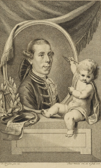 Portrait of Joannes Nomsz, print, writer, poet and playwright. Next to the portrait and putto with an etching needle and on the left a laurel wreath, lyre, sheets of paper with writing on them and the symbol of eternity, the Ouroboros., printmaker: Reinier Vinkeles (I), Amsterdam, after painting by Daniël Bruyninx, 1772, paper, etching, engraving, height 144 mm x width 90 mm, Person, Joannes Nomsz, tools, implements of graphic artist, cupids: 'amores', 'amoretti', 'putti', cithara, psaltery, serpent Ouroboros, honouring the artist with laurel wreath, A finely detailed engraved portrait shows a man framed by an oval within the composition, his hair styled back and tied with a ribbon, wearing a jacket with decorative buttons and a ruffled cravat, his face turned slightly and looking outward. To the right of the frame a chubby naked child sits on the ledge, one arm reaching up and holding a small paintbrush while the other arm rests across the torso, the child’s legs dangling over the edg...