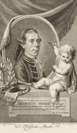 Portrait of Joannes Nomsz, print, writer, poet and playwright. Next to the portrait and putto with an etching needle and on the left a laurel wreath, lyre, sheets of paper with writing on them and the symbol of eternity the Ouroboros., printmaker: Reinier Vinkeles (I), Amsterdam, after painting by Daniël Bruyninx, writer (clerical worker): Pieter Johannes Uylenbroek, publisher: David Klippink, 1772, paper, etching, engraving, etching and engraving, height 143 mm x width 90 mm, Person, Joannes Nomsz, tools, implements of graphic artist, cupids: 'amores', 'amoretti', 'putti', cithara, psaltery, serpent Ouroboros, honoring the artist with laurel wreath, An engraved portrait of a man shown in an oval frame, facing slightly to the viewer’s left, wearing a dark coat with decorative buttons and a high ruffled collar, his hair styled back and tied. A draped cloth frames the top of the composition with visible folds and fringed edge. To the right of the oval a chubby, partially draped child sit...