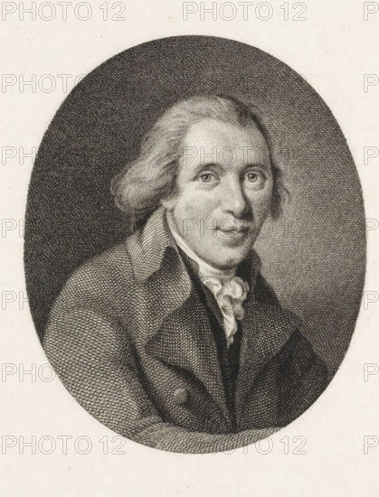 Portrait of Pieter Nieuwland, print, professor of mathematics and astronomy., inscription: 'Pieter Nieuwland without frame Extra rare', printmaker: Reinier Vinkeles (I), Amsterdam, after painting by Adriaan de Lelie, 1802 - 1803, paper, etching, proof print, height 232 mm x width 160 mm, Later state print also used as book illustration in: Wagenaar, Jan. Vaderlandsche historie, as a continuation of Wagenaar's Vaderlandsche historie. Vol. 1-43. Amsterdam: Johannes Allart, 1786-1809., Person, Pieter Nieuwland, An engraved portrait of a man shown from the chest upward within an oval frame, featuring a lightly lined face with wide eyes and a slight smile, shoulder-length hair combed back and fuller at the sides, a high-collared coat with textured crosshatching and a visible cravat at the neck, all rendered in fine stippling and line work against a dark crosshatched oval background.