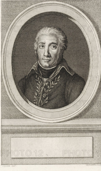 Portrait of Jean Victor Marie Moreau, print, Portrait of French revolutionary general Jean Victor Marie Moreau., printmaker: Reinier Vinkeles (I), Amsterdam, after drawing by Gérard, 1786 - 1809, paper, etching, engraving, height 249 mm x width 166 mm, Later state print probably used as a book illustration in: Wagenaar, Jan. Fatherland history, a continuation of Wagenaar's Fatherland history. Dl. 1-43. Amsterdam: Johannes Allart, 1786-1809., Person, Jean Victor Marie Moreau, An engraved oval portrait shows a bust of a man with wavy hair combed back, a high collar, and a dark coat decorated with a leafy laurel motif; he faces slightly to the viewer’s left with a neutral expression and detailed shading around the eyes and cheekbones, set against a textured dark oval ground and surrounded by concentric oval bands, all placed on a vertically lined rectangular panel with decorative border lines below.