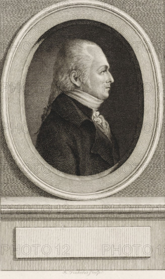 Portrait of Jacob Abraham Uitenhage de Mist, print, statesman and delegate to the National Assembly., printmaker: Reinier Vinkeles (I), Amsterdam, 1786 - 1809, paper, etching, engraving, height 238 mm x width 151 mm, Later state print used as book illustration in: Wagenaar, Jan. Vaderlandsche historie, in continuation of Wagenaar's Vaderlandsche historie. Vol. 1-43. Amsterdam: Johannes Allart, 1786-1809., Person, Jacob Abraham Uitenhage de Mist, A monochrome engraved portrait shows a man in profile facing right inside an oval frame; he has a high forehead, receding hair tied back, and side whiskers, and he wears a dark coat with a high collar and a light cravat at his neck. The oval is set against a textured background with parallel lines, and below the oval is a decorative rectangular panel with lined shading and a smaller blank rectangular inset. The engraving uses fine crosshatching and stippling throughout to render shading and texture.